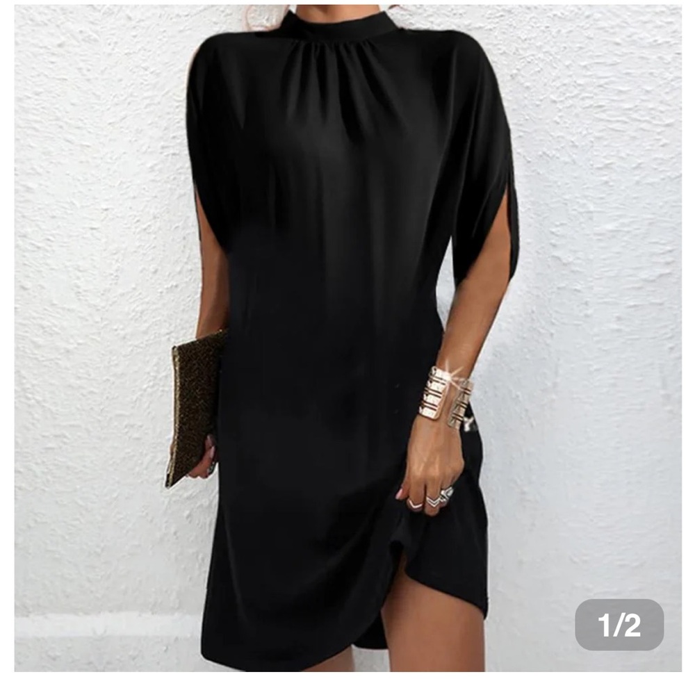 Modern black Mock Neck split sleeve Midi dress